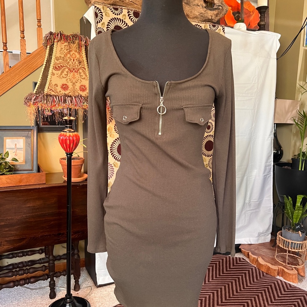 Medium Hearts and Hips Army green long sleeved dress.